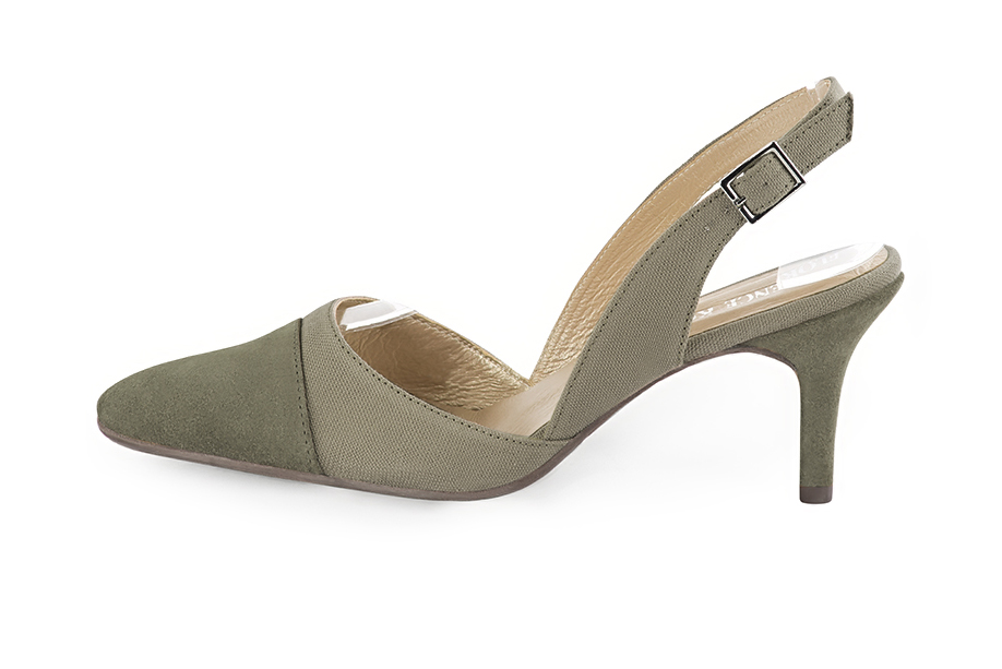 Women's khaki green elegant slingback heels. Tapered toe. High slim heel - Profile view